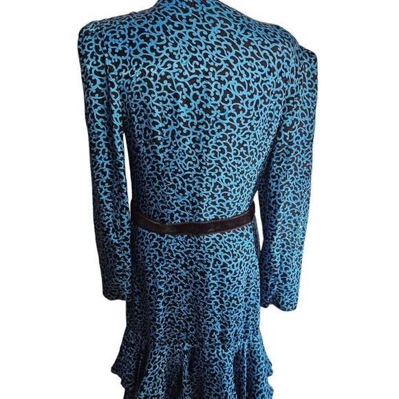 Vintage 80s Maggie London Dress Womens 8 Blue Black Silk Midi Drop Waist Peplum - Picture 3 of 8